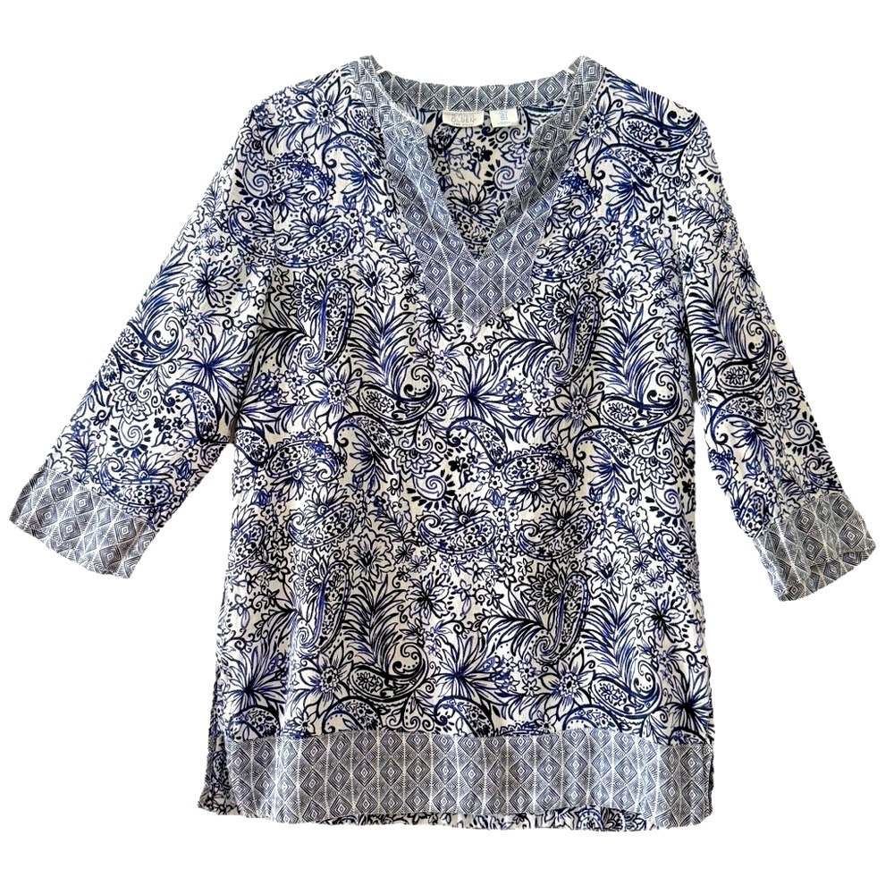 100% Linen Sigrid Olsen Blue Floral Paisley Tunic 3/4 Sleeve Size Small
